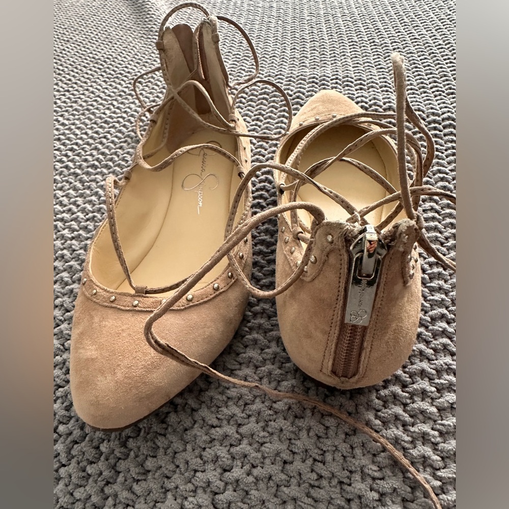 Jessica Simpson Taupe Lace-Up Suede Studded Flats - Picture 4 of 12